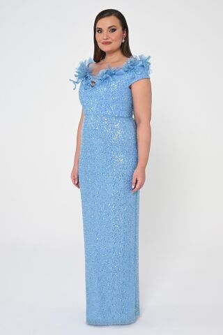 Çiçekli Kayık Yaka Payet Uzun Elbise MAVİ - 44