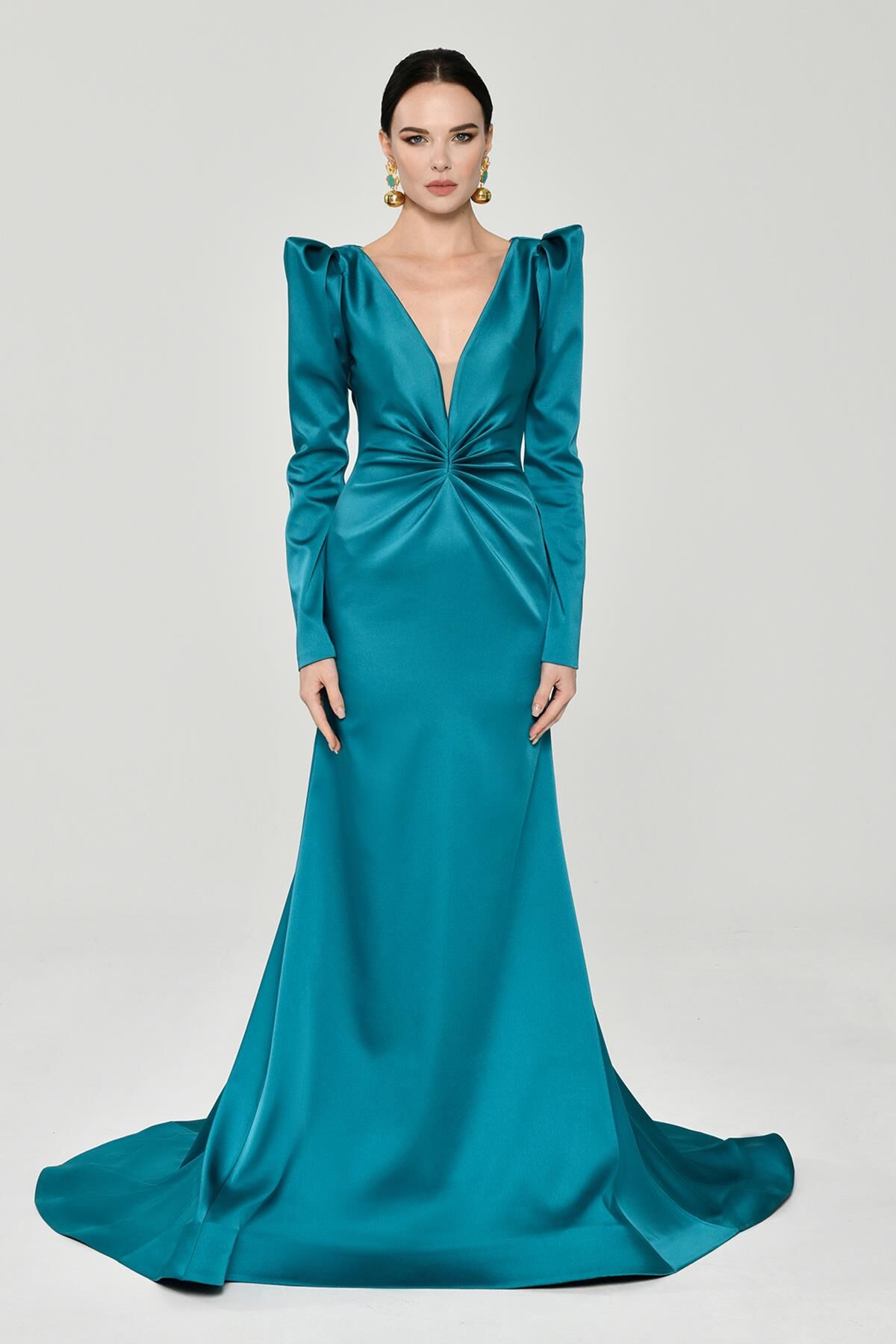 Uzun Kollu Vatkalı Önü Büzgülü Saten Uzun Elbise 38 - TURKUAZ