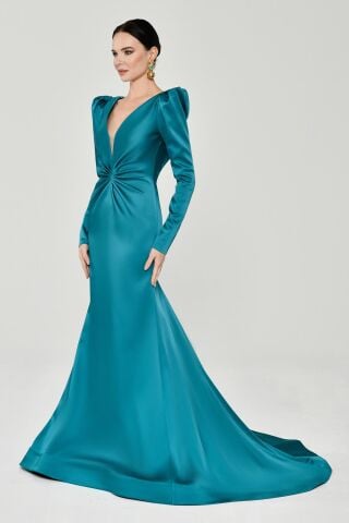 Uzun Kollu Vatkalı Önü Büzgülü Saten Uzun Elbise 38 - TURKUAZ