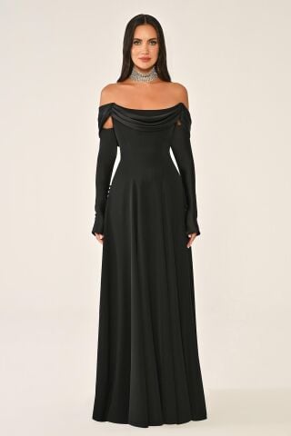 Düşük Omuz Kolları Saten Krep Uzun Elbise Siyah - 44