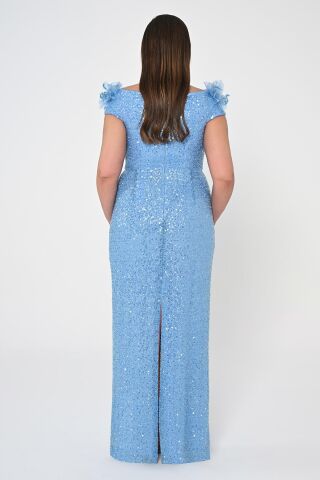 Çiçekli Kayık Yaka Payet Uzun Elbise MAVİ - 46