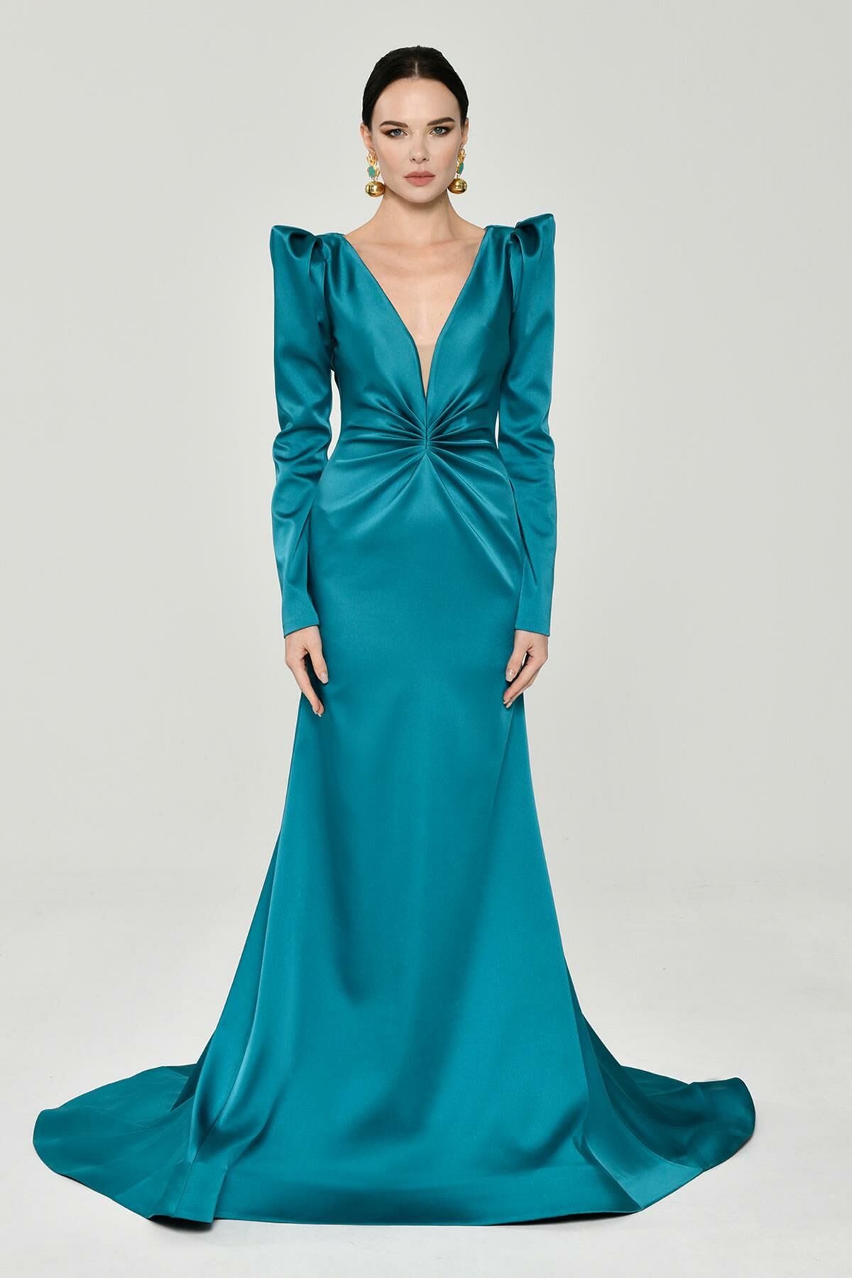 Uzun Kollu Vatkalı Önü Büzgülü Saten Uzun Elbise 40 - TURKUAZ