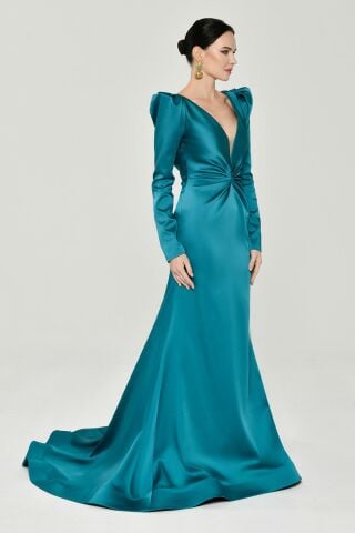 Uzun Kollu Vatkalı Önü Büzgülü Saten Uzun Elbise 40 - TURKUAZ