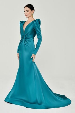 Uzun Kollu Vatkalı Önü Büzgülü Saten Uzun Elbise 40 - TURKUAZ