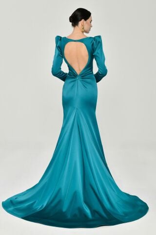 Uzun Kollu Vatkalı Önü Büzgülü Saten Uzun Elbise 40 - TURKUAZ