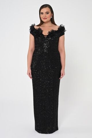 Çiçekli Kayık Yaka Payet Uzun Elbise Siyah - 42