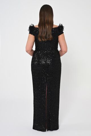 Çiçekli Kayık Yaka Payet Uzun Elbise Siyah - 42