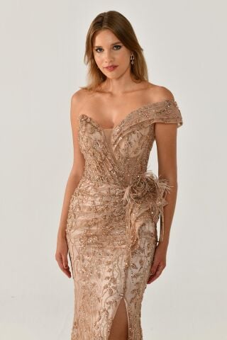 Düşük Tek Omuz Yırtmaçlı Tül Uzun Elbise BAKIR - 36