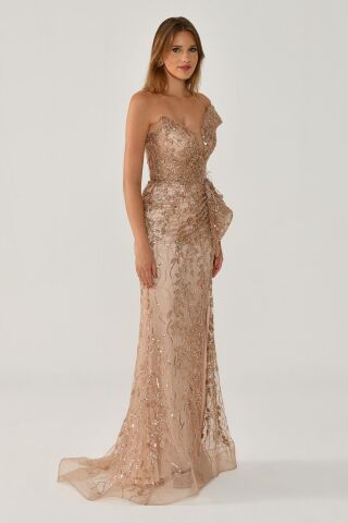 Düşük Tek Omuz Yırtmaçlı Tül Uzun Elbise BAKIR - 36