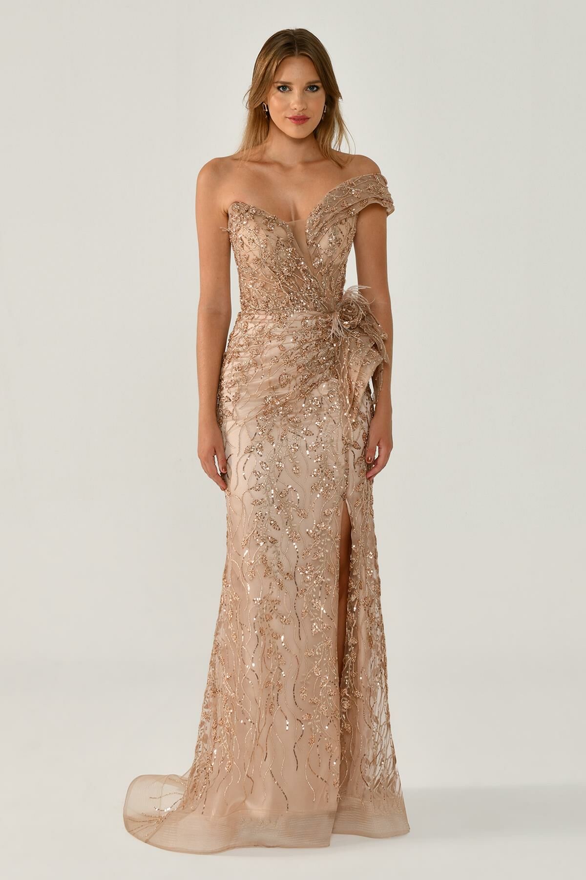 Düşük Tek Omuz Yırtmaçlı Tül Uzun Elbise BAKIR - 36