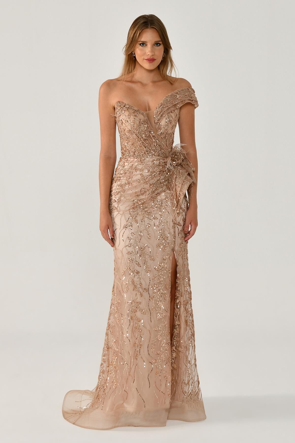 Düşük Tek Omuz Yırtmaçlı Tül Uzun Elbise BAKIR - 36