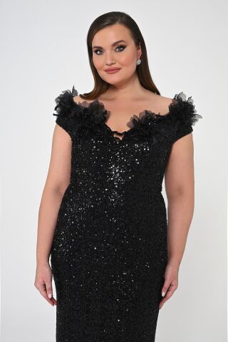 Çiçekli Kayık Yaka Payet Uzun Elbise Siyah - 44