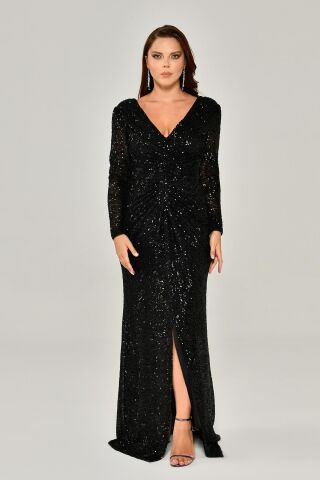 Uzun Kollu V Yaka Payetli Uzun Elbise Siyah - 44