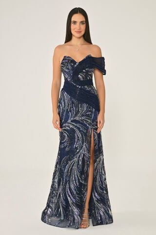 Tek Düşük Omuz Yandan Yırtmaçlı Payet Uzun Elbise