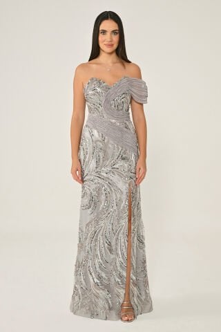 Tek Düşük Omuz Yandan Yırtmaçlı Payet Uzun Elbise