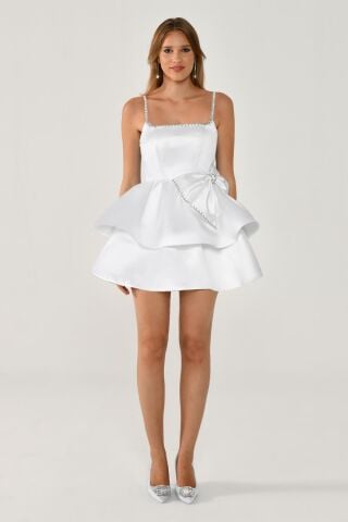 Askılı Şerit Taş Aksesuarlı Fiyonklu Tafta Kısa Elbise 38 - Beyaz