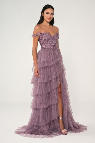 Düşük Omuz Katlı Simli Tül Dantel Etek Uzun Elbise GÜL KURUSU - 42