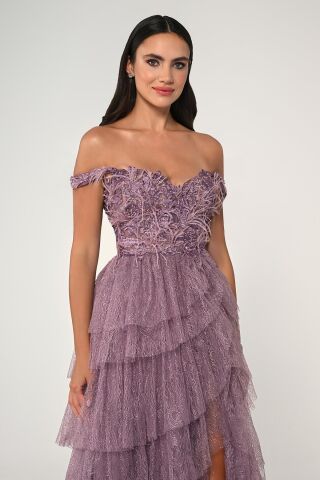 Düşük Omuz Katlı Simli Tül Dantel Etek Uzun Elbise GÜL KURUSU - 42