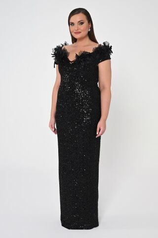 Çiçekli Kayık Yaka Payet Uzun Elbise Siyah - 46