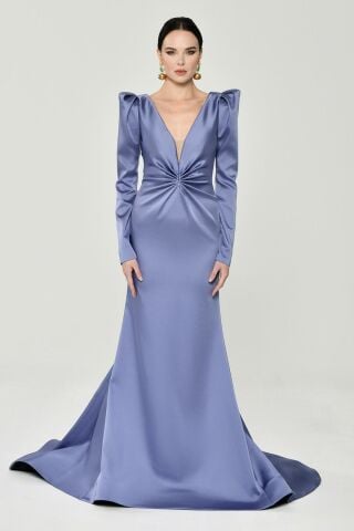 Uzun Kollu Vatkalı Önü Büzgülü Saten Uzun Elbise 38 - MAVİ LİLA
