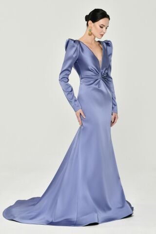 Uzun Kollu Vatkalı Önü Büzgülü Saten Uzun Elbise 38 - MAVİ LİLA