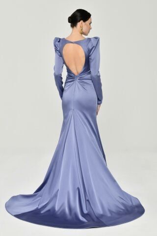 Uzun Kollu Vatkalı Önü Büzgülü Saten Uzun Elbise 38 - MAVİ LİLA