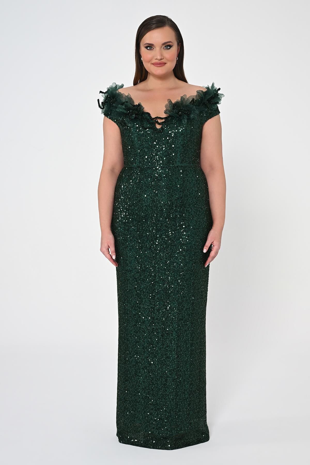 Çiçekli Kayık Yaka Payet Uzun Elbise ZÜMRÜT - 42