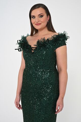 Çiçekli Kayık Yaka Payet Uzun Elbise ZÜMRÜT - 42