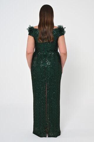 Çiçekli Kayık Yaka Payet Uzun Elbise ZÜMRÜT - 42