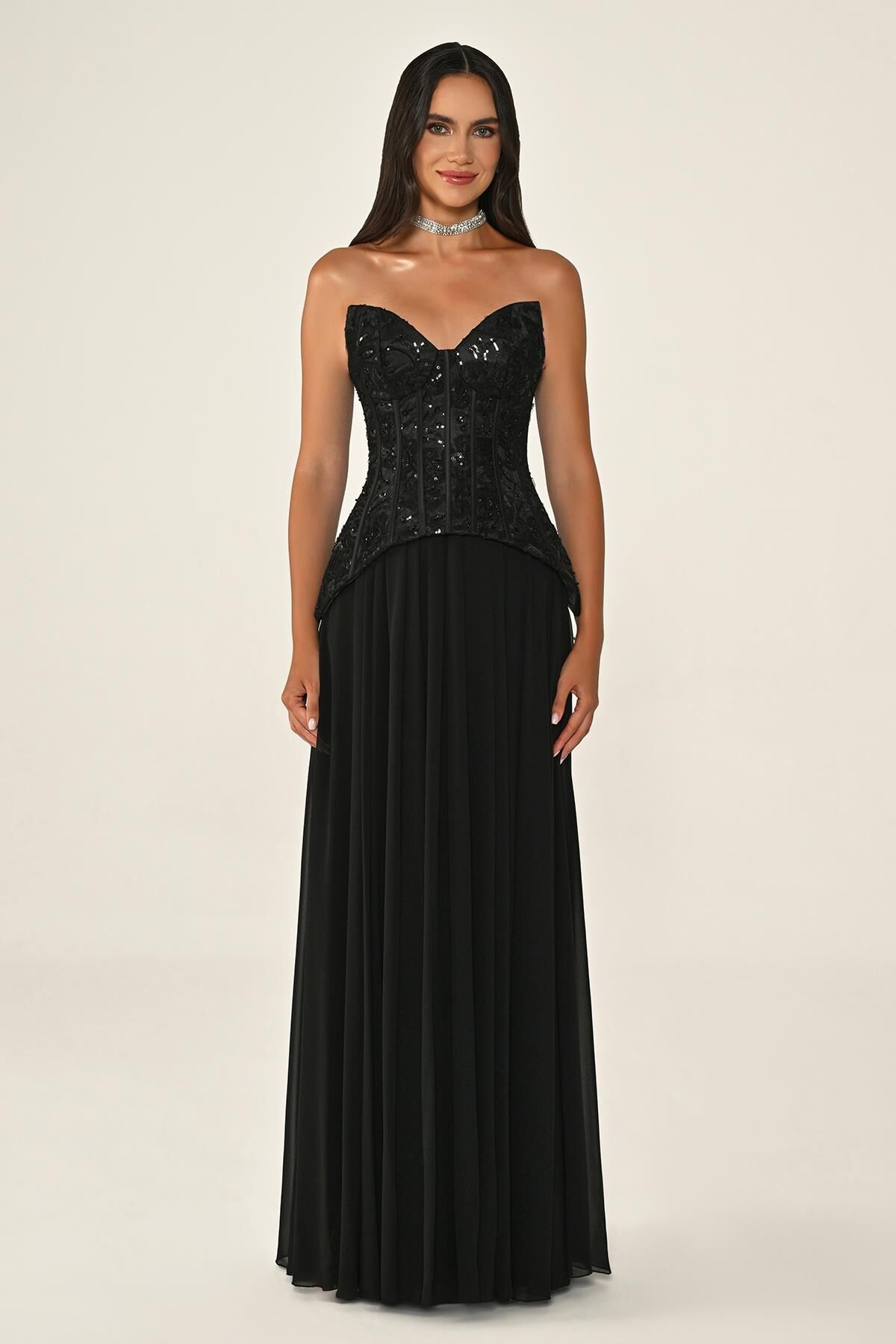 Straplez Üst Payet Etek Şifon Uzun Elbise