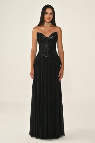 Straplez Üst Payet Etek Şifon Uzun Elbise