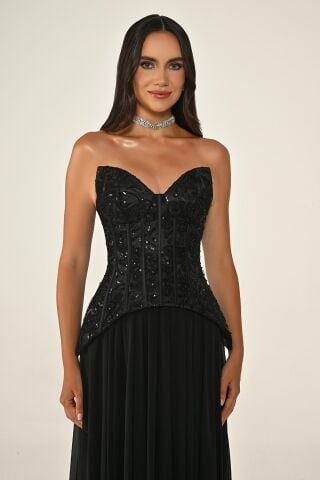 Straplez Üst Payet Etek Şifon Uzun Elbise