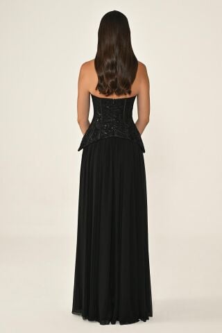 Straplez Üst Payet Etek Şifon Uzun Elbise