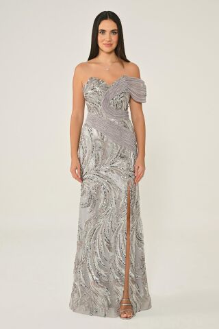 Tek Düşük Omuz Yandan Yırtmaçlı Payet Uzun Elbise Gri - 36