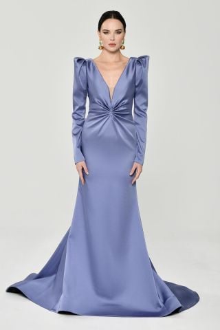 Uzun Kollu Vatkalı Önü Büzgülü Saten Uzun Elbise 40 - MAVİ LİLA
