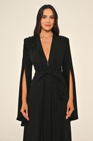 V Yaka Vatkalı Şal Kol Boncuklu Önü Drapeli Krep Uzun Elbise