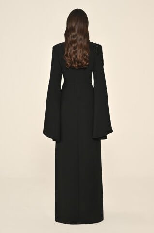 V Yaka Vatkalı Şal Kol Boncuklu Önü Drapeli Krep Uzun Elbise