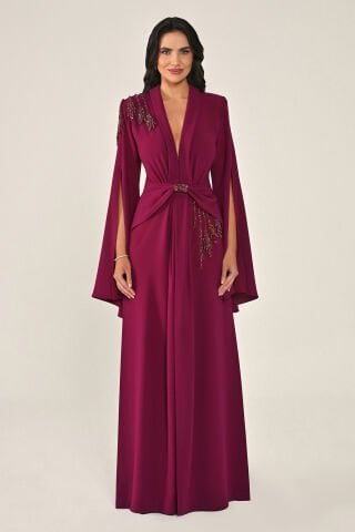 V Yaka Vatkalı Şal Kol Boncuklu Önü Drapeli Krep Uzun Elbise