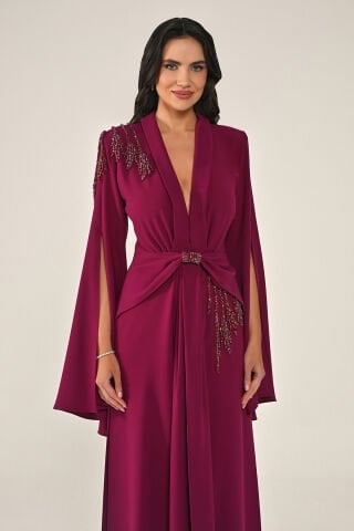 V Yaka Vatkalı Şal Kol Boncuklu Önü Drapeli Krep Uzun Elbise