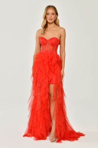 Straplez Yırtmaçlı Katlı Tül Elbise