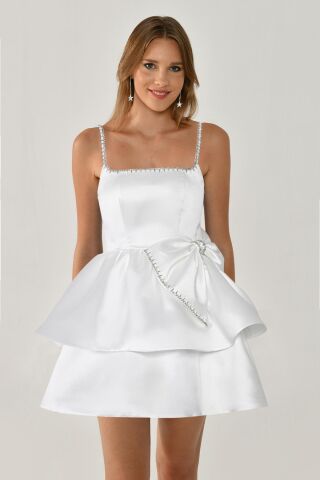 Askılı Şerit Taş Aksesuarlı Fiyonklu Tafta Kısa Elbise Beyaz - 42