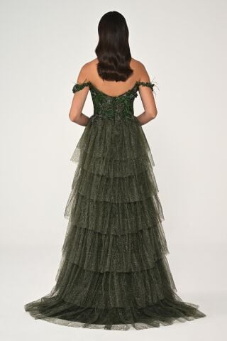 Düşük Omuz Katlı Simli Tül Dantel Etek Uzun Elbise Nefti - 38