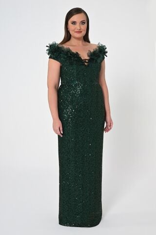 Çiçekli Kayık Yaka Payet Uzun Elbise ZÜMRÜT - 44