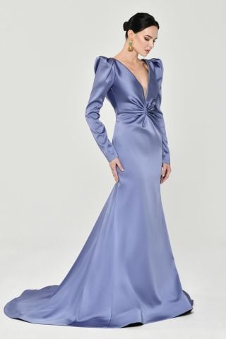 Uzun Kollu Vatkalı Önü Büzgülü Saten Uzun Elbise 42 - MAVİ LİLA