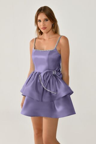 Askılı Şerit Taş Aksesuarlı Fiyonklu Tafta Kısa Elbise Lila - 36