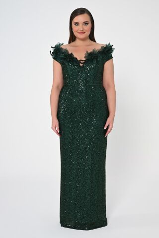 Çiçekli Kayık Yaka Payet Uzun Elbise ZÜMRÜT - 46