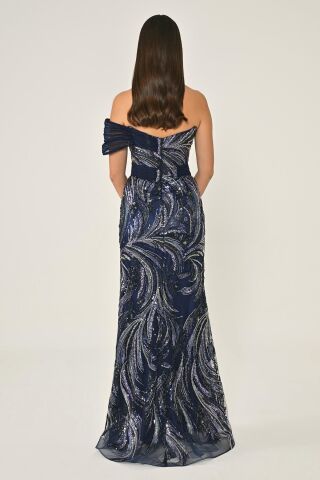 Tek Düşük Omuz Yandan Yırtmaçlı Payet Uzun Elbise Lacivert - 40