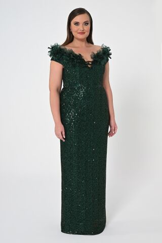 Çiçekli Kayık Yaka Payet Uzun Elbise ZÜMRÜT - 48