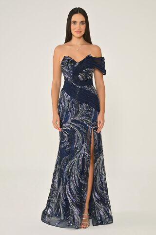 Tek Düşük Omuz Yandan Yırtmaçlı Payet Uzun Elbise Lacivert - 42