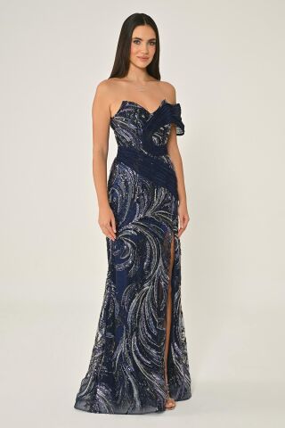 Tek Düşük Omuz Yandan Yırtmaçlı Payet Uzun Elbise Lacivert - 42